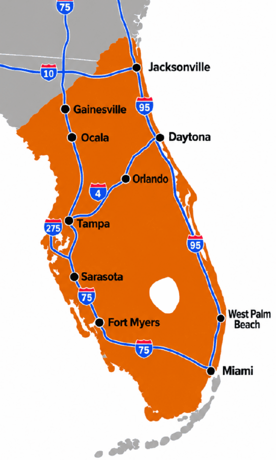 Map of Florida showing PCA's service area in orange: the peninsula from Jacksonville south through Miami. The Panhandle and the Florida Keys are outside the service area.